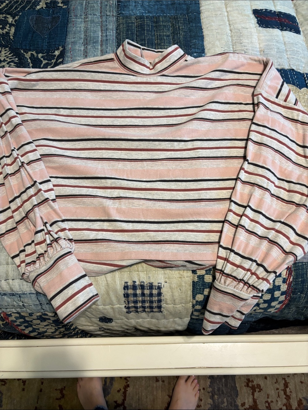 Free People Striped Mock Neck Top in Pink, Cream and Brown
